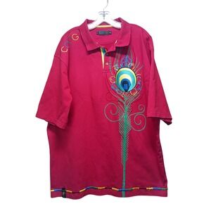 Coogi Mens Red Peacock Feather Embroidered Polo Shirt XXXL‎ Cotton Short Sleeve